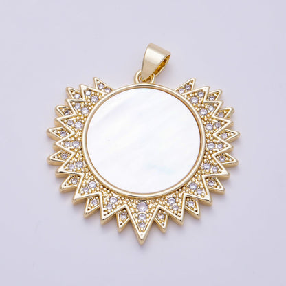 16K Gold Filled 33mm Shell Pearl Micro Paved Celestial Sun Pendant | Charms-01494