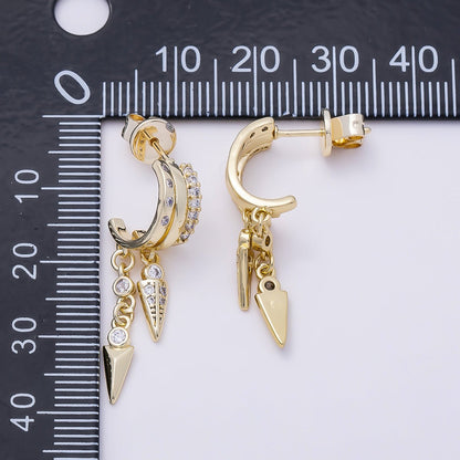 16K Gold Filled 34mm Clear Micro Paved CZ Dotted Spiked C-Shaped Hoop | Earrings-00687