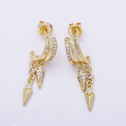 16K Gold Filled 34mm Clear Micro Paved CZ Dotted Spiked C-Shaped Hoop | Earrings-00687