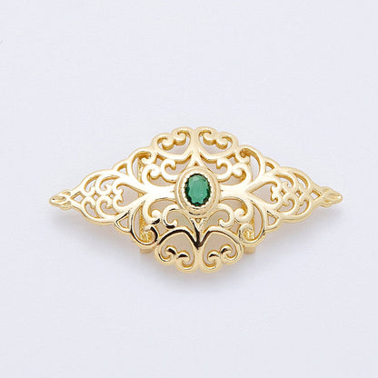 16K Gold Filled 34mm Green CZ Oval Filigree Geometric Charm Finding | Findings-00036