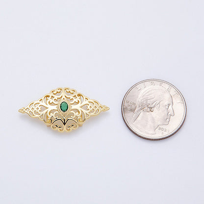 16K Gold Filled 34mm Green CZ Oval Filigree Geometric Charm Finding | Findings-00036