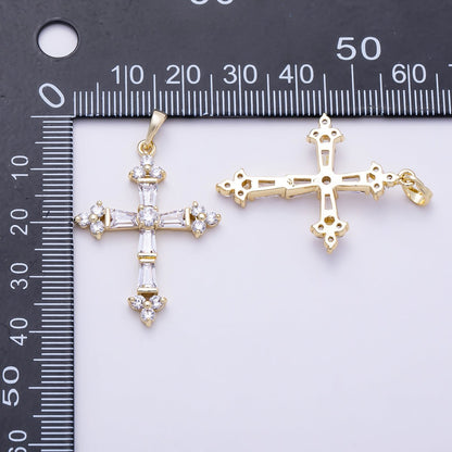 16K Gold Filled 35mm Clear CZ Baguette Micro Paved Religious Cross Pendant | Charms-01380