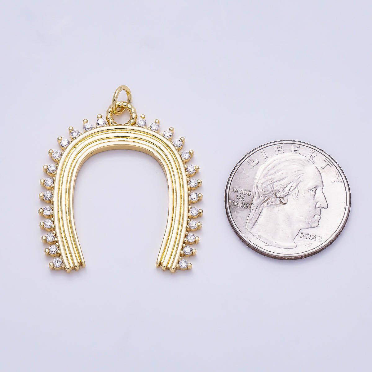 16K Gold Filled 35mm CZ Lined Ribbed Horseshoe Charm | Charms-01352