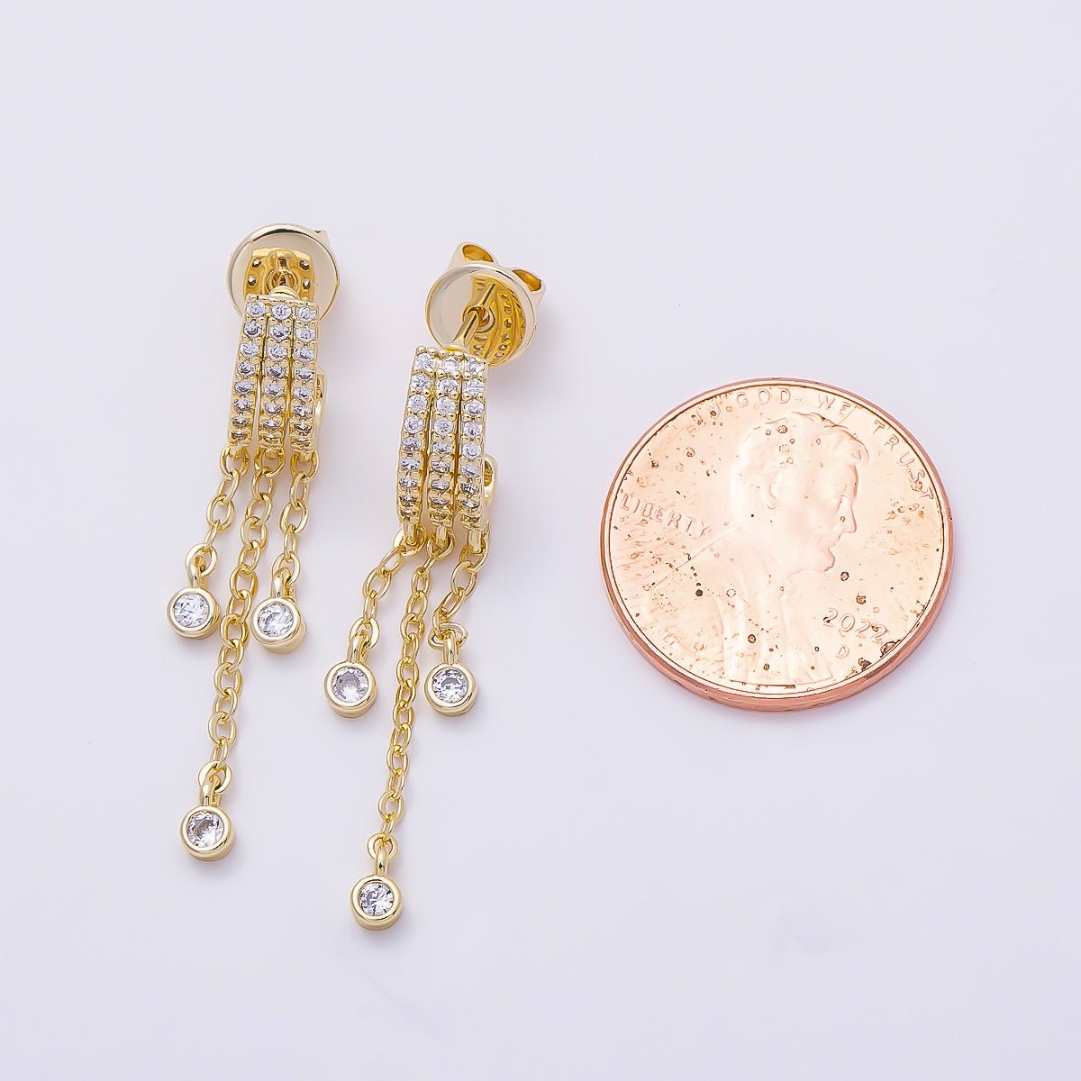 16K Gold Filled 35mm Micro Paved CZ Round Bezel Chain Drop J-Shaped Hoop | Earrings-00689