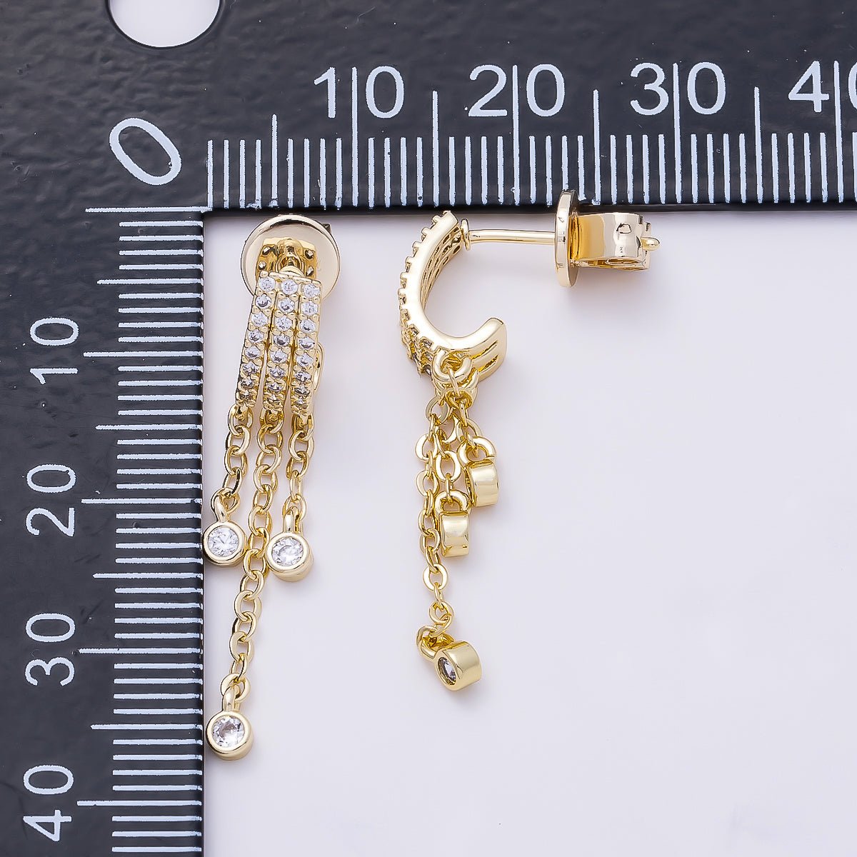 16K Gold Filled 35mm Micro Paved CZ Round Bezel Chain Drop J-Shaped Hoop | Earrings-00689