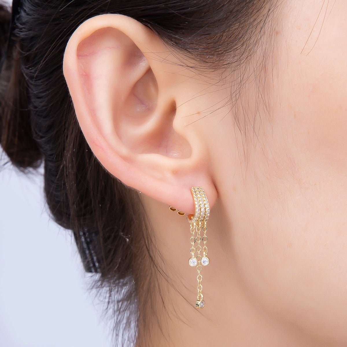 16K Gold Filled 35mm Micro Paved CZ Round Bezel Chain Drop J-Shaped Hoop | Earrings-00689