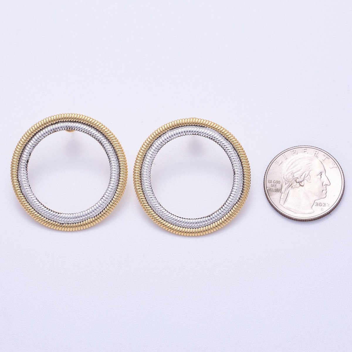 16K Gold Filled 35mm Mixed Metal Ribbed Double Open Round Stud Earrings | Earrings-00320