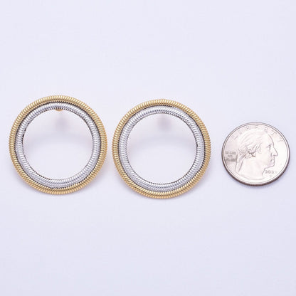 16K Gold Filled 35mm Mixed Metal Ribbed Double Open Round Stud Earrings | Earrings-00320