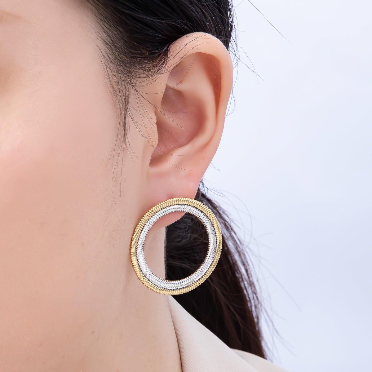 16K Gold Filled 35mm Mixed Metal Ribbed Double Open Round Stud Earrings | Earrings-00320