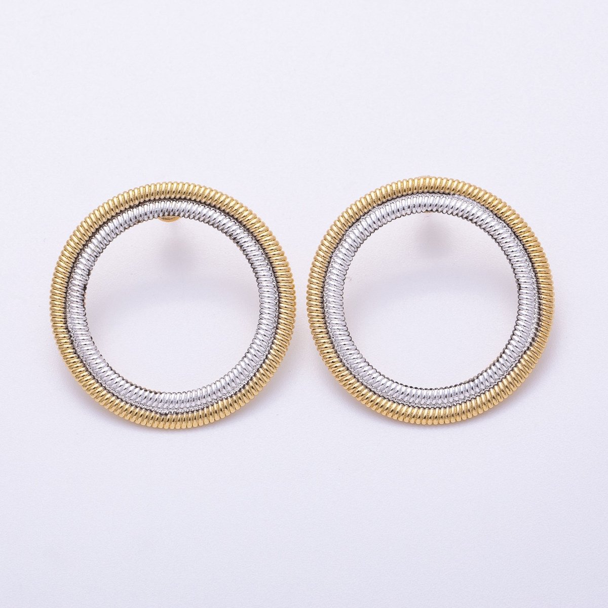16K Gold Filled 35mm Mixed Metal Ribbed Double Open Round Stud Earrings | Earrings-00320