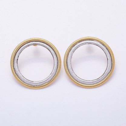 16K Gold Filled 35mm Mixed Metal Ribbed Double Open Round Stud Earrings | Earrings-00320