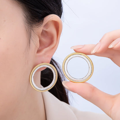 16K Gold Filled 35mm Mixed Metal Ribbed Double Open Round Stud Earrings | Earrings-00320