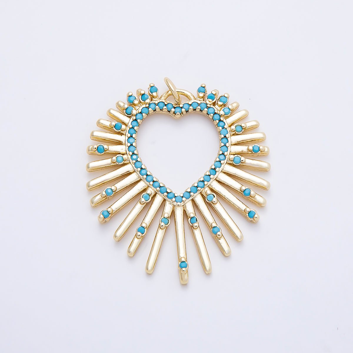 16K Gold Filled 35mm Turquoise Dotted Micro Paved Sunburst Heart Charm | Charms-01253