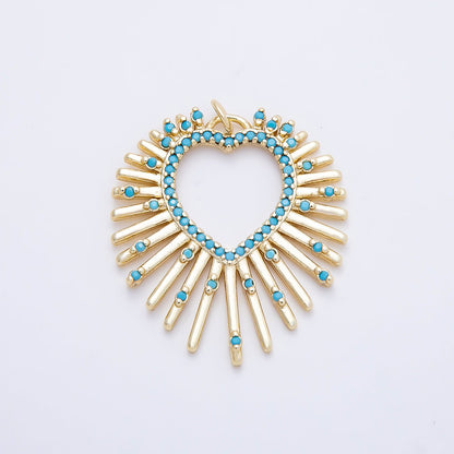 16K Gold Filled 35mm Turquoise Dotted Micro Paved Sunburst Heart Charm | Charms-01253