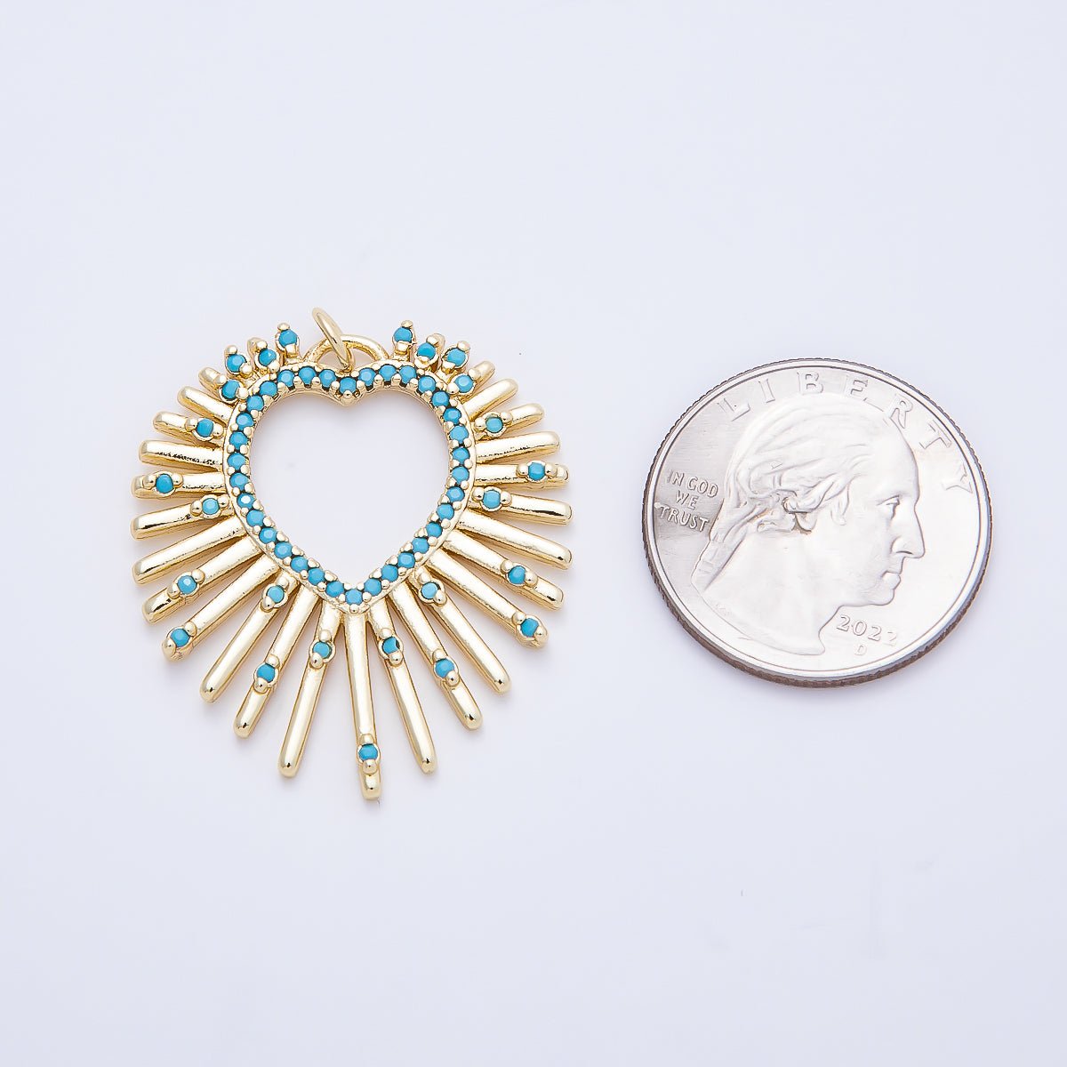 16K Gold Filled 35mm Turquoise Dotted Micro Paved Sunburst Heart Charm | Charms-01253