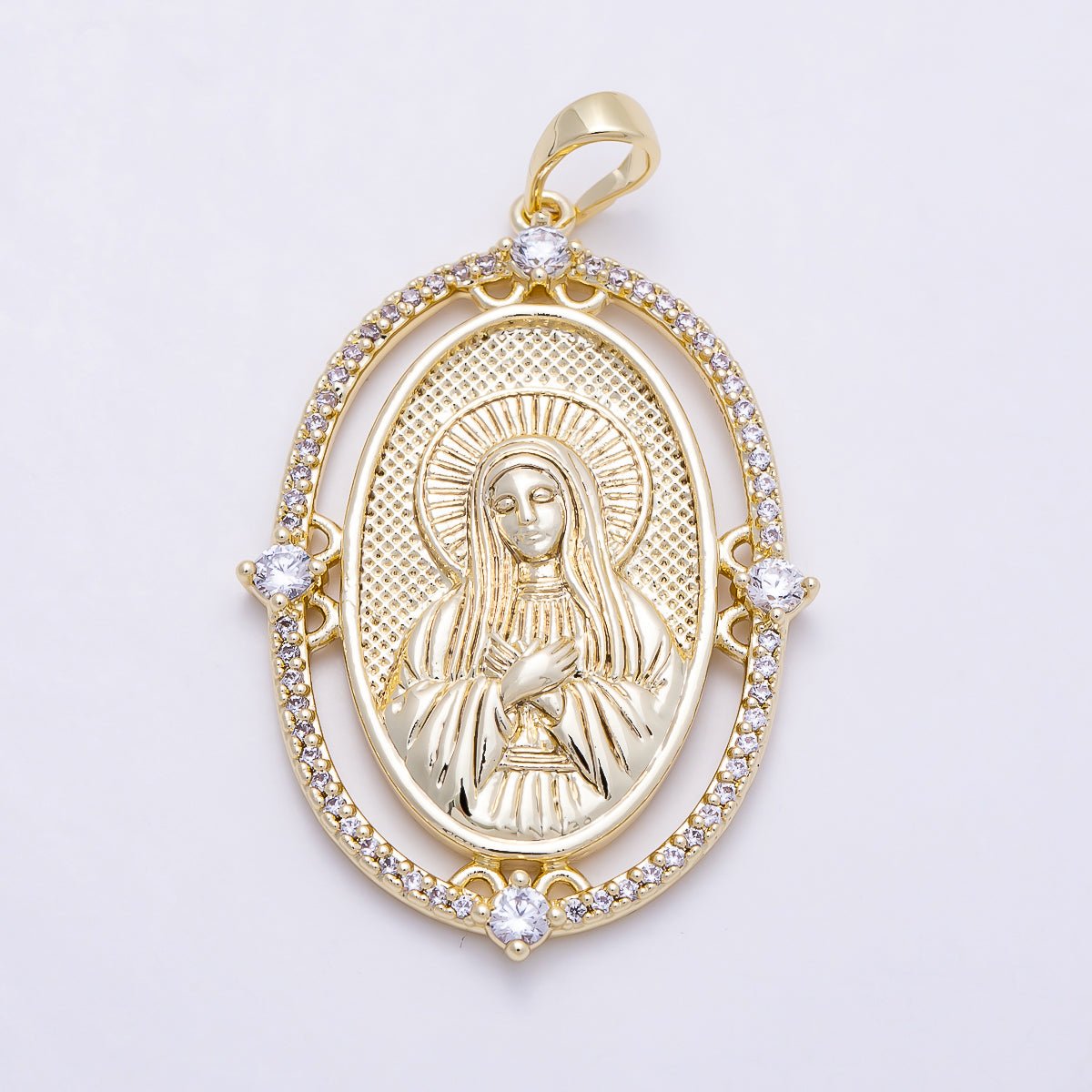 16K Gold Filled 36mm Clear Micro Paved CZ Virgin Mary Oval Religious Pendant | Charms-01395