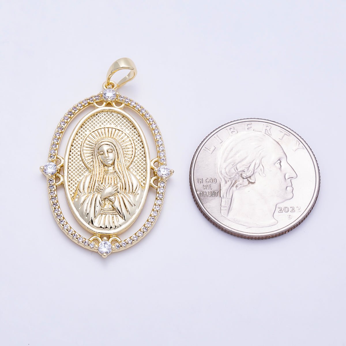 16K Gold Filled 36mm Clear Micro Paved CZ Virgin Mary Oval Religious Pendant | Charms-01395