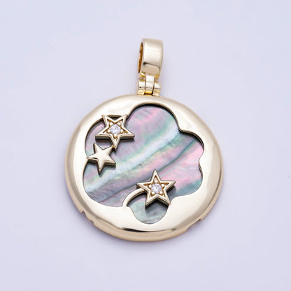 16K Gold Filled 37.5mm Tahitian Black Shell Pearl Celestial Star Bezel Round Pendant | Charms-01480