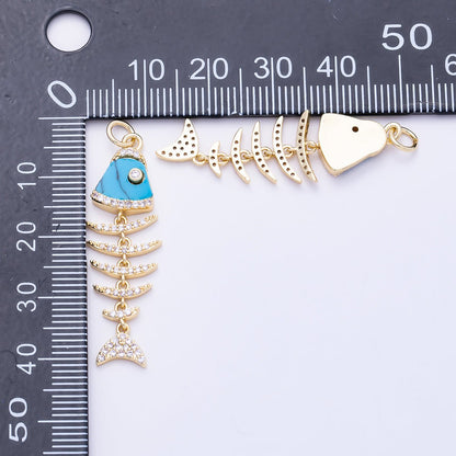 16K Gold Filled 38mm Turquoise, Shell Pearl, Malachite, Onyx, Carnelian Micro Paved CZ Fish Skeleton Charm | Charms-01447 ~ Charms-01451
