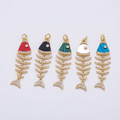 16K Gold Filled 38mm Turquoise, Shell Pearl, Malachite, Onyx, Carnelian Micro Paved CZ Fish Skeleton Charm | Charms-01447 ~ Charms-01451
