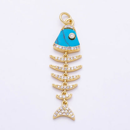 16K Gold Filled 38mm Turquoise, Shell Pearl, Malachite, Onyx, Carnelian Micro Paved CZ Fish Skeleton Charm | Charms-01447 ~ Charms-01451