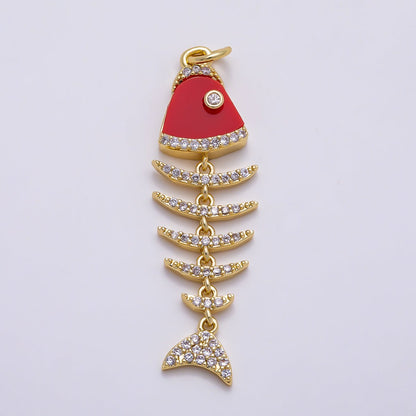 16K Gold Filled 38mm Turquoise, Shell Pearl, Malachite, Onyx, Carnelian Micro Paved CZ Fish Skeleton Charm | Charms-01447 ~ Charms-01451