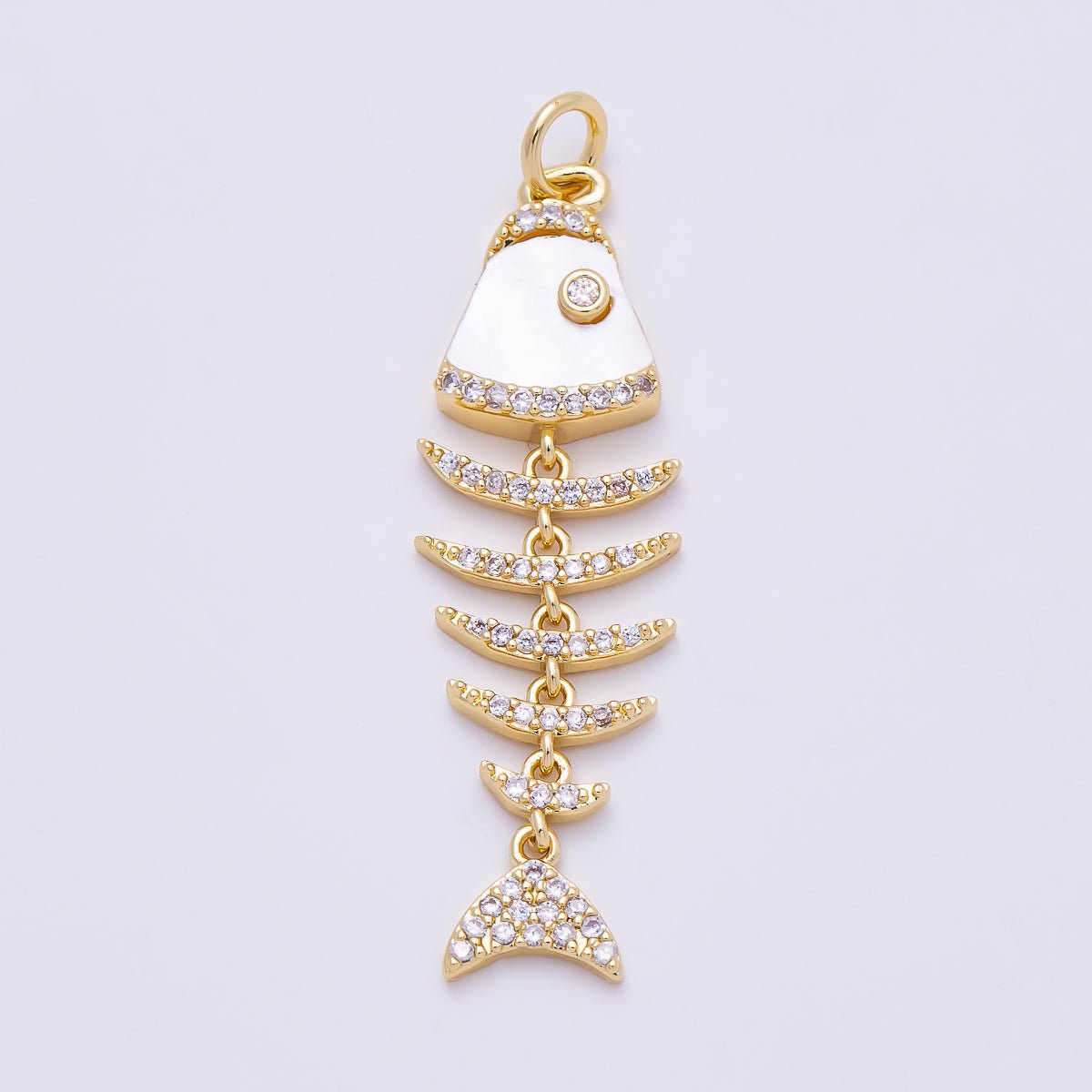16K Gold Filled 38mm Turquoise, Shell Pearl, Malachite, Onyx, Carnelian Micro Paved CZ Fish Skeleton Charm | Charms-01447 ~ Charms-01451