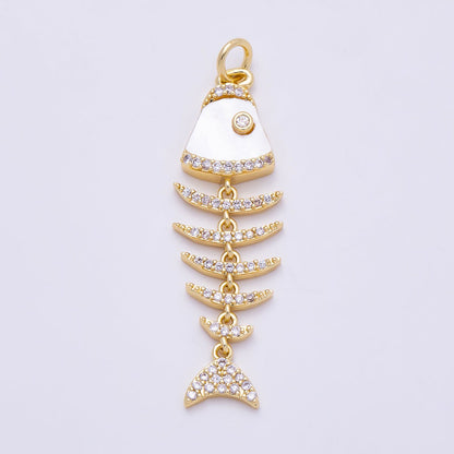 16K Gold Filled 38mm Turquoise, Shell Pearl, Malachite, Onyx, Carnelian Micro Paved CZ Fish Skeleton Charm | Charms-01447 ~ Charms-01451