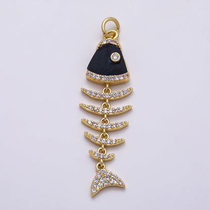 16K Gold Filled 38mm Turquoise, Shell Pearl, Malachite, Onyx, Carnelian Micro Paved CZ Fish Skeleton Charm | Charms-01447 ~ Charms-01451