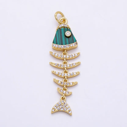 16K Gold Filled 38mm Turquoise, Shell Pearl, Malachite, Onyx, Carnelian Micro Paved CZ Fish Skeleton Charm | Charms-01447 ~ Charms-01451