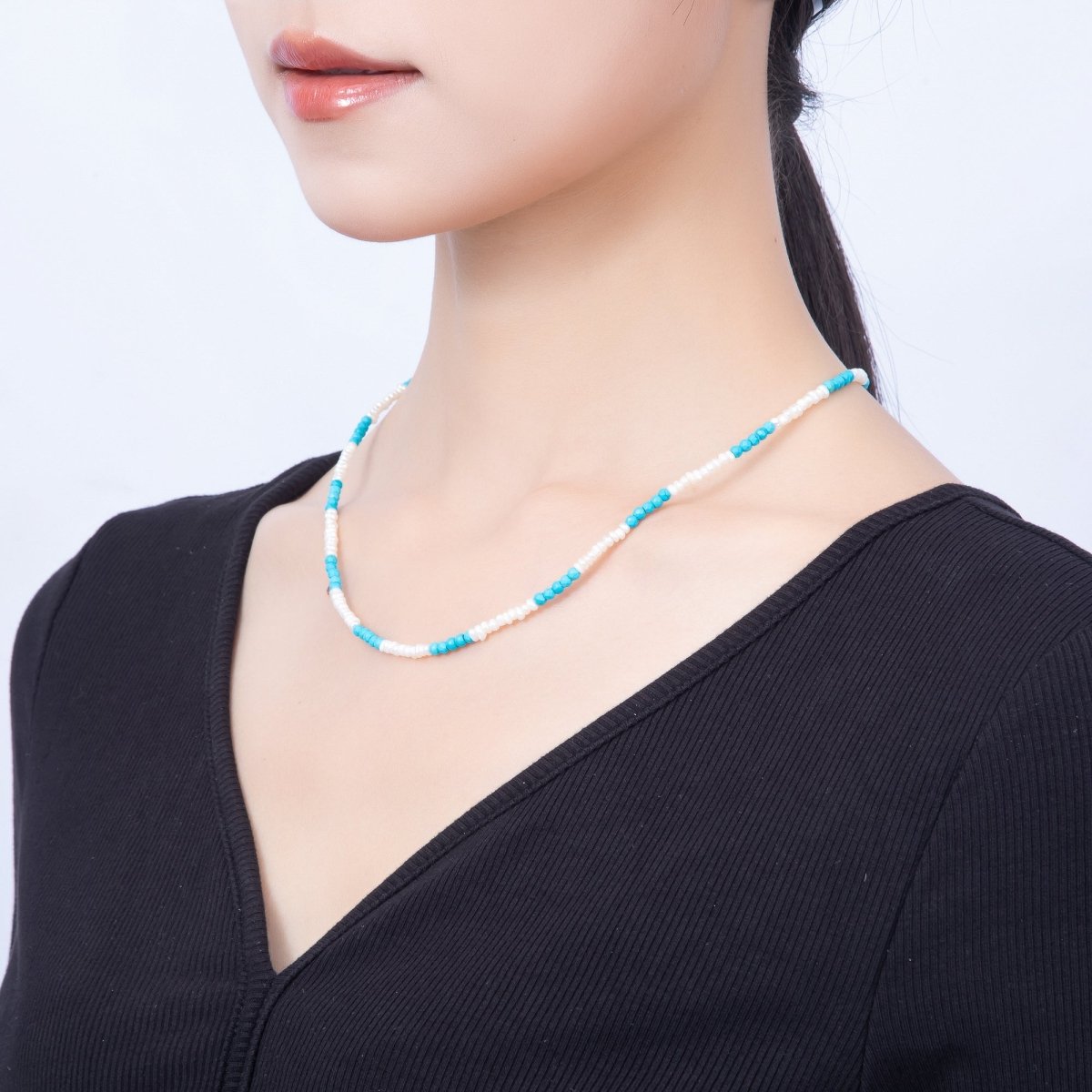 16K Gold Filled 3mm Blue Turquoise Round White Seed Freshwater Pearl 17.5 Inch Necklace | WA-01649