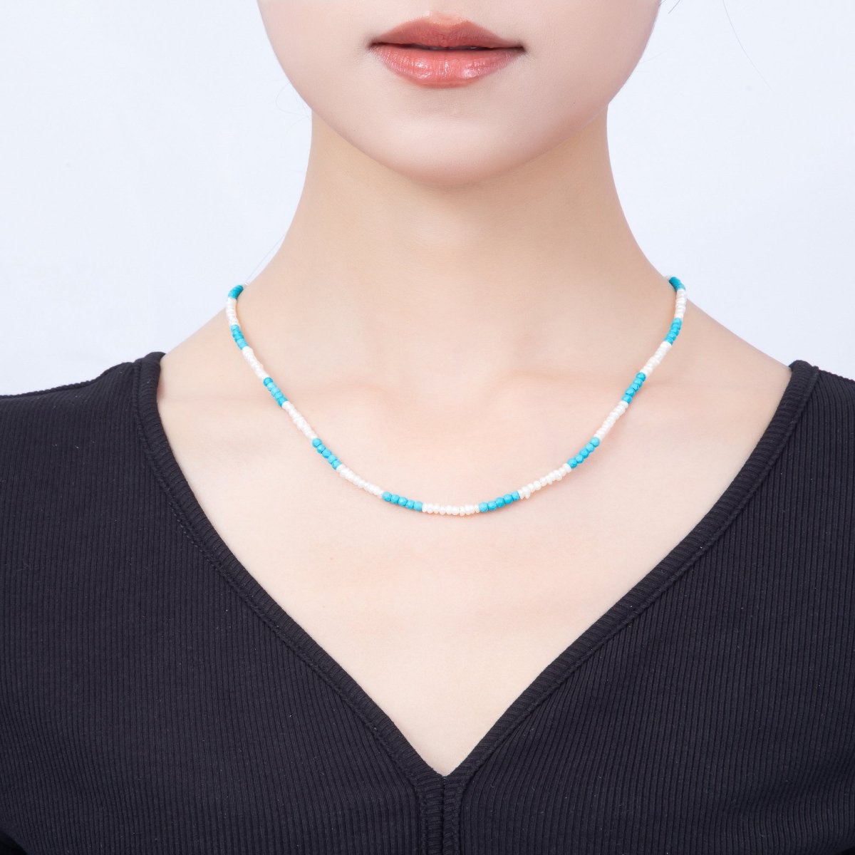 16K Gold Filled 3mm Blue Turquoise Round White Seed Freshwater Pearl 17.5 Inch Necklace | WA-01649