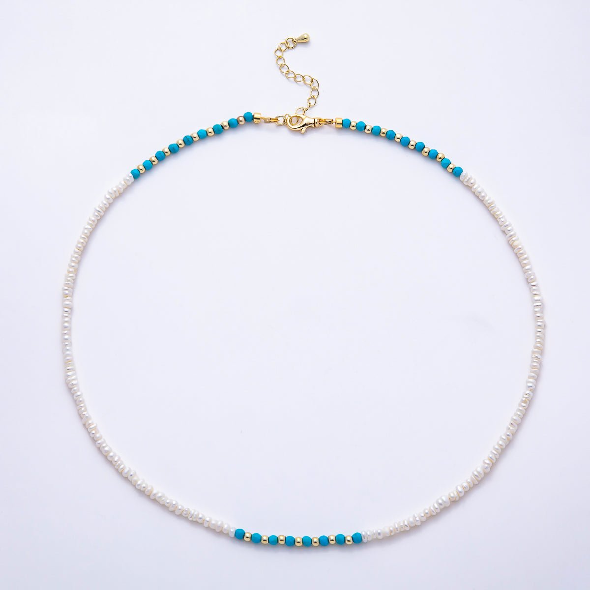 16K Gold Filled 3mm Blue Turquoise Round White Seed Freshwater Pearl 17.5 Inch Necklace | WA-01649