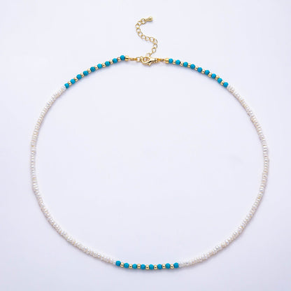 16K Gold Filled 3mm Blue Turquoise Round White Seed Freshwater Pearl 17.5 Inch Necklace | WA-01649