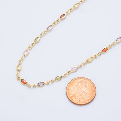 16K Gold Filled 3mm Multicolor CZ Multifaceted Marquise Unfinished Chain by Yard | Roll-1605