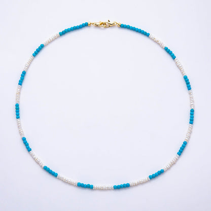 16K Gold Filled 3mm Seed Shell Pearl Turquoise Gemstone Chain 18.5 Inch Necklace | WA-01509