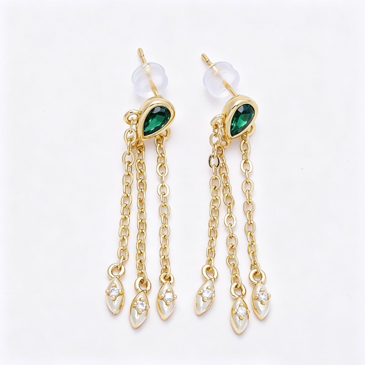 16K Gold Filled 40mm Clear, Green CZ Teardrop Triple Chain Drop Stud | Earrings-00690 - Earrings-00691