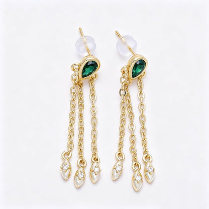 16K Gold Filled 40mm Clear, Green CZ Teardrop Triple Chain Drop Stud | Earrings-00690 - Earrings-00691