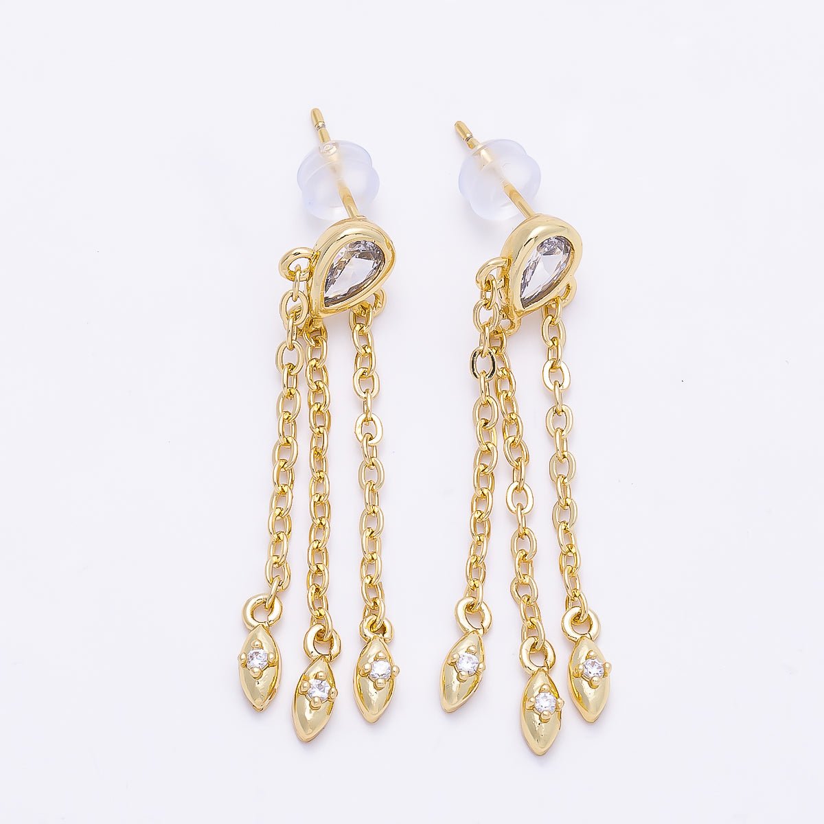 16K Gold Filled 40mm Clear, Green CZ Teardrop Triple Chain Drop Stud | Earrings-00690 - Earrings-00691