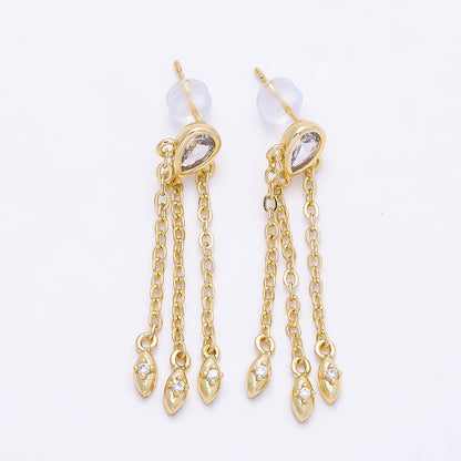 16K Gold Filled 40mm Clear, Green CZ Teardrop Triple Chain Drop Stud | Earrings-00690 - Earrings-00691
