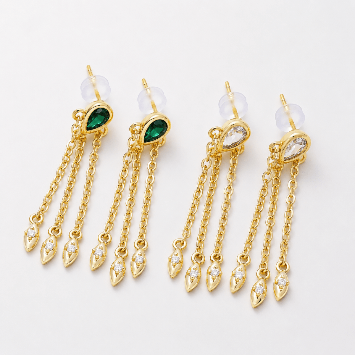 16K Gold Filled 40mm Clear, Green CZ Teardrop Triple Chain Drop Stud | Earrings-00690 - Earrings-00691