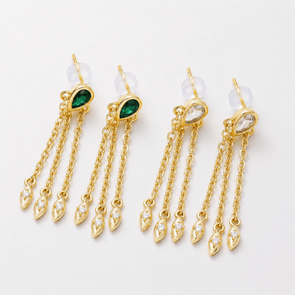 16K Gold Filled 40mm Clear, Green CZ Teardrop Triple Chain Drop Stud | Earrings-00690 - Earrings-00691
