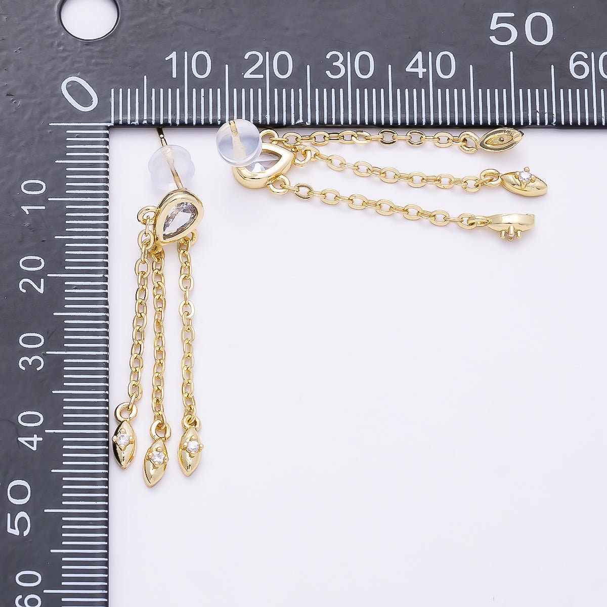 16K Gold Filled 40mm Clear, Green CZ Teardrop Triple Chain Drop Stud | Earrings-00690 - Earrings-00691