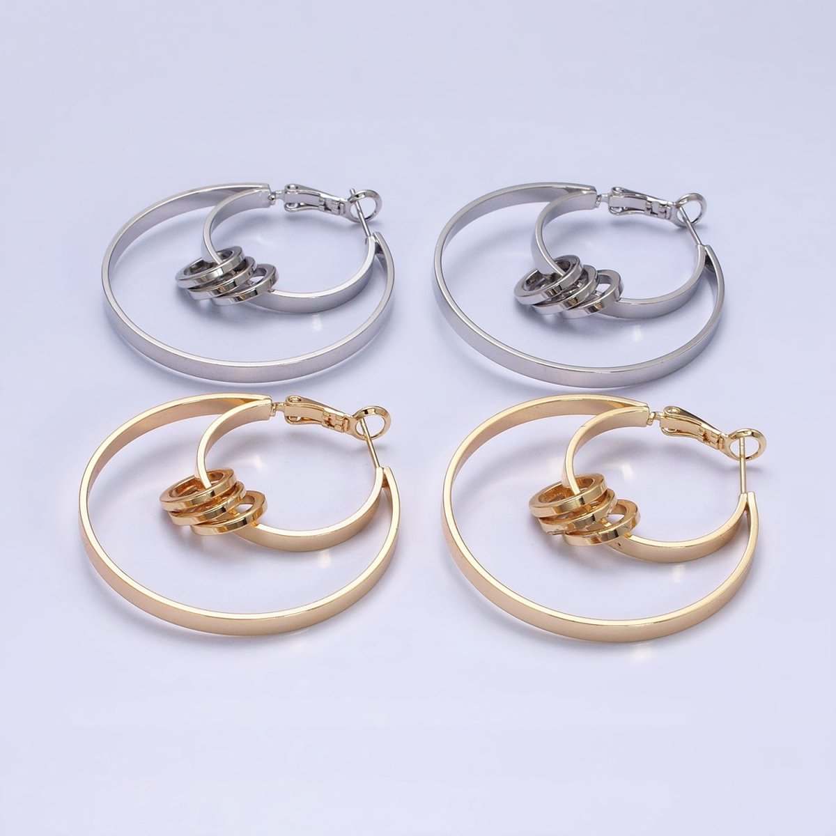 16K Gold Filled 40mm Multiple Round Band Geometric Hinge Hoop Earrings in Gold &amp; Silver | AE051 AE052