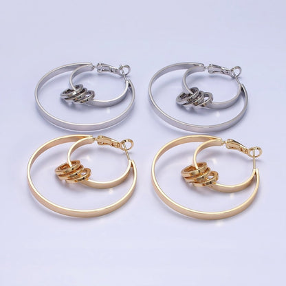 16K Gold Filled 40mm Multiple Round Band Geometric Hinge Hoop Earrings in Gold &amp; Silver | AE051 AE052