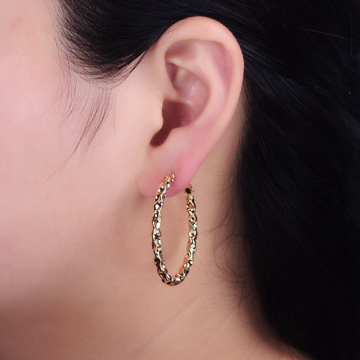 16K Gold Filled 40mm Thin Hammered Hinge Hoop Earrings in Gold &amp; Silver | AB1486 AB1487