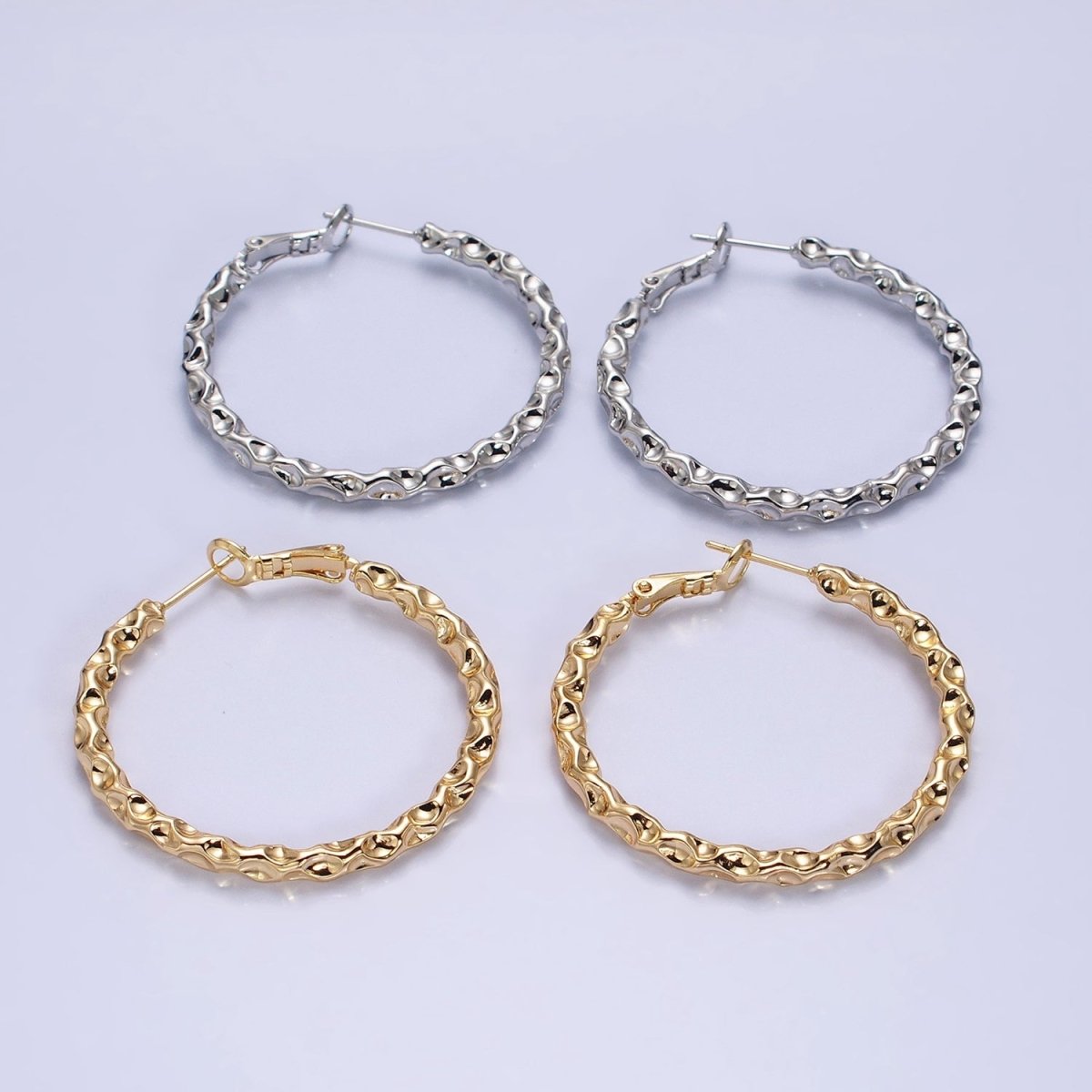 16K Gold Filled 40mm Thin Hammered Hinge Hoop Earrings in Gold &amp; Silver | AB1486 AB1487