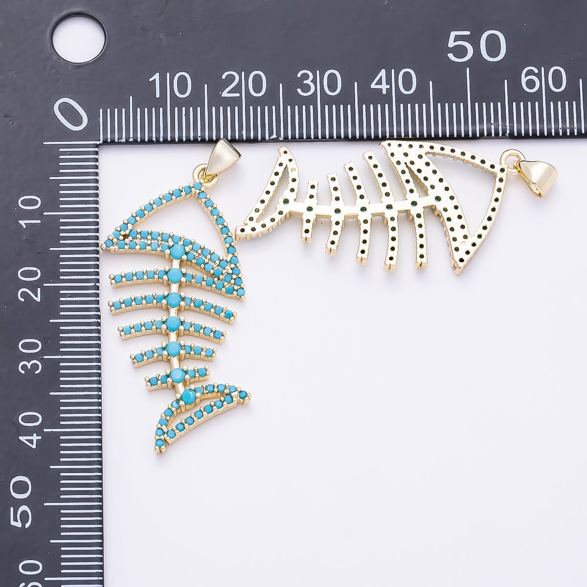 16K Gold Filled 40mm Turquoise Micro Paved Open Fish Bone Pendant | Charms-01313
