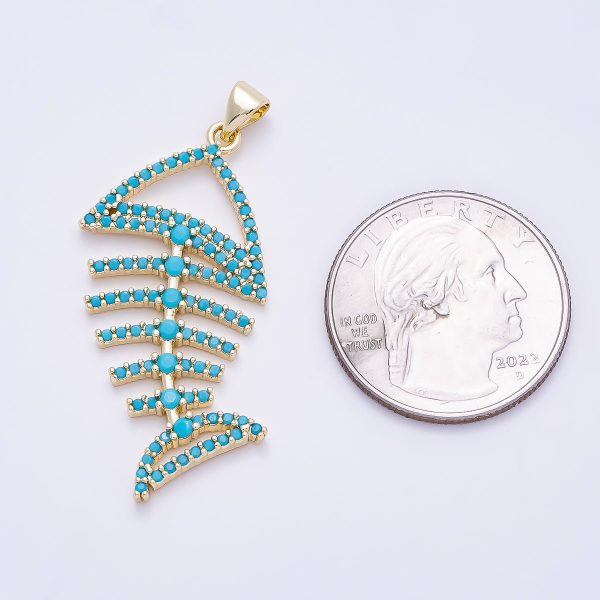 16K Gold Filled 40mm Turquoise Micro Paved Open Fish Bone Pendant | Charms-01313