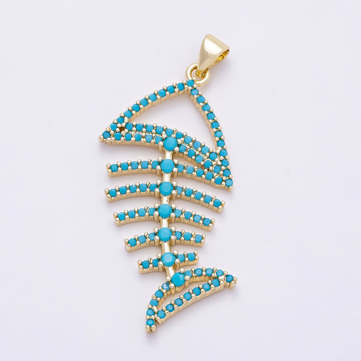 16K Gold Filled 40mm Turquoise Micro Paved Open Fish Bone Pendant | Charms-01313